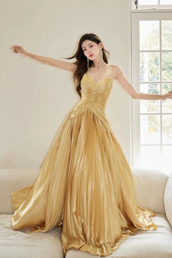 Wholesale Gold Satin Long Backless Prom Dress A-Line Spaghetti Strap Evening Party Dress